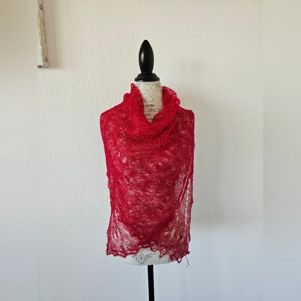Vibrant Red Orenburg Russian Lace Scarf - Gossamer Goat Down Pautinka Stole